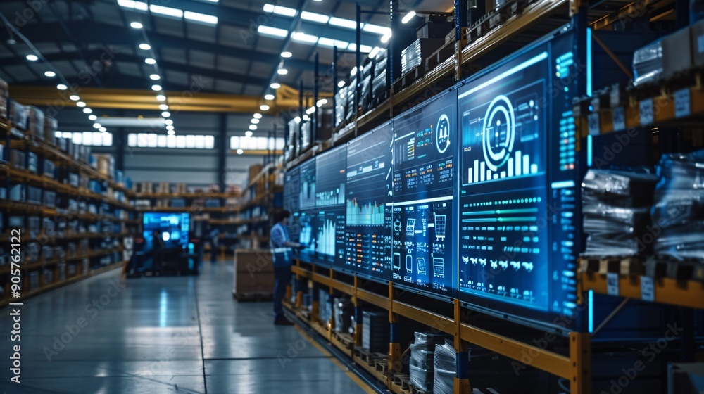 Fototapeta premium Warehouse Interior with Digital Screens Displaying Data and Statistics