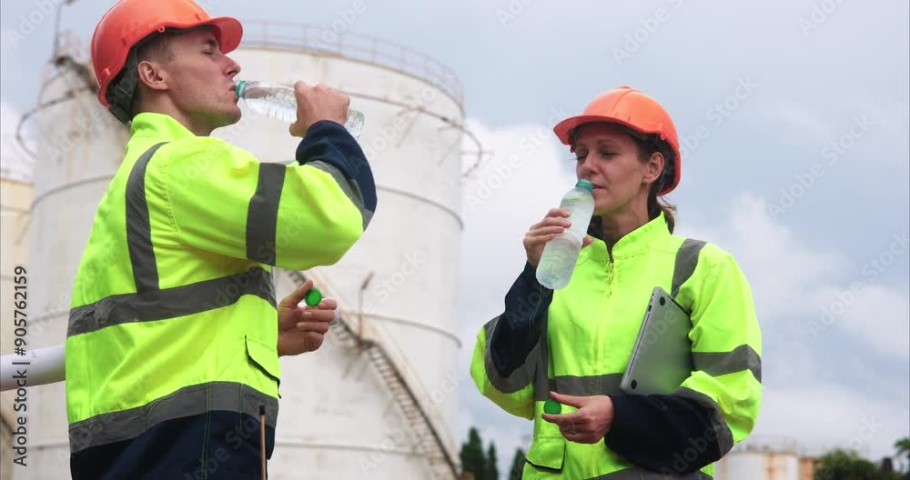 Couple of female and male engineers taking a break to drink water and talk. While working outside at the oil refinery