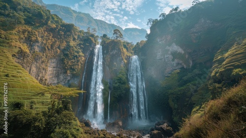 Double Waterfall in a Lush Green Valley