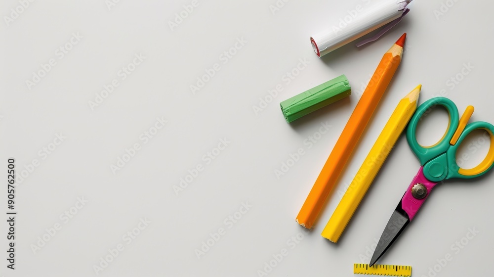 Education Essentials: School Scissors and Glue Stick in Detailed Shot on White Background with Soft Lighting Education Essentials: School Scissors and Glue Stick in Detailed Shot on White Background with Soft Lighting