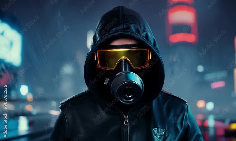 In a night scene full of neon lights and shadows, a cyberpunk hero in a leather hoodie and gas mask walks the city streets. In a night scene full of neon lights and shadows, a cyberpunk hero in a leather hoodie and gas mask walks the city streets.