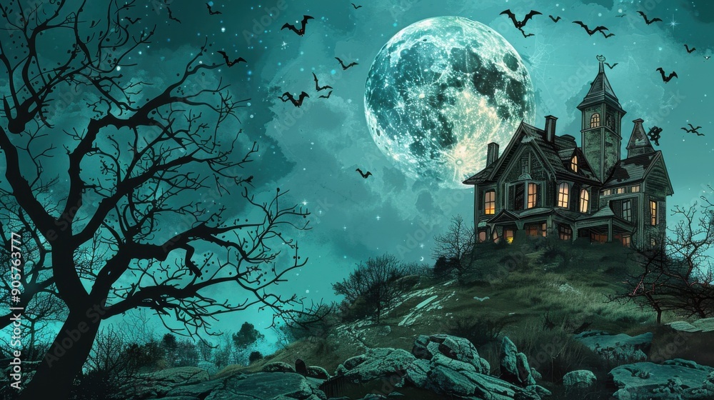 An old, spooky house on top of a hill with a full moon An old, spooky house on top of a hill with a full moon