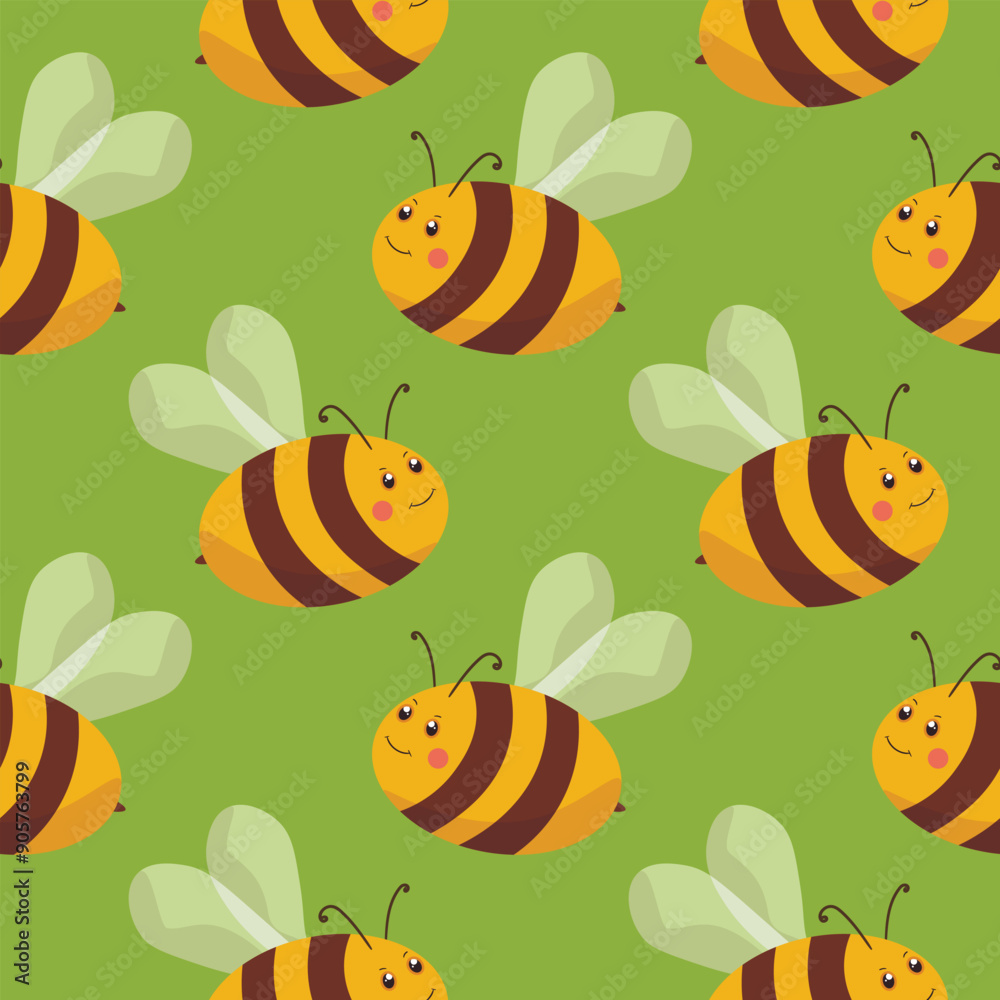 Seamless pattern with bees on color background. Small wasp. Vector illustration. Adorable cartoon character. Template design for invitation, cards, textile, fabric. Doodle style Seamless pattern with bees on color background. Small wasp. Vector illustration. Adorable cartoon character. Template design for invitation, cards, textile, fabric. Doodle style