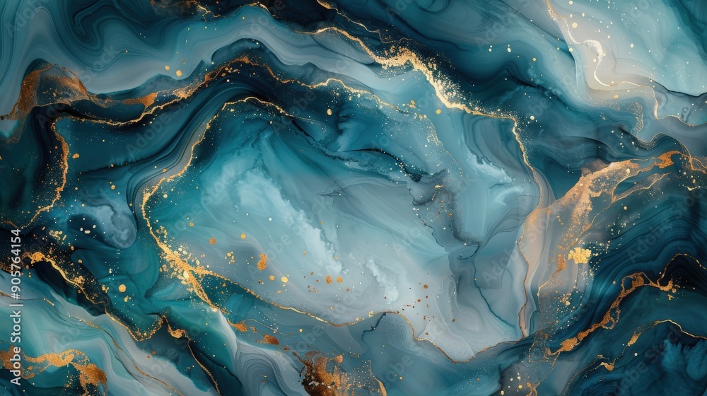 An elegant abstract background with a blue marble texture and gold watercolor accents, showcasing gray, white, and dark green hues in a fluid ink gradient, designed for a sophisticated and modern