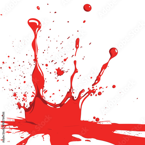 Red paint splashing, isolated white background, dynamic liquid art, abstract creative design splash, vivid crimson, droplets, highspeed photography effect