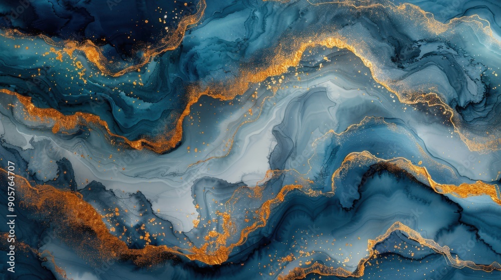 Fototapeta premium A stylish blue marble background with abstract gold watercolor patterns, blending gray, white, and dark green into a fluid ink gradient effect, perfect for creating a luxury and artistic wall design
