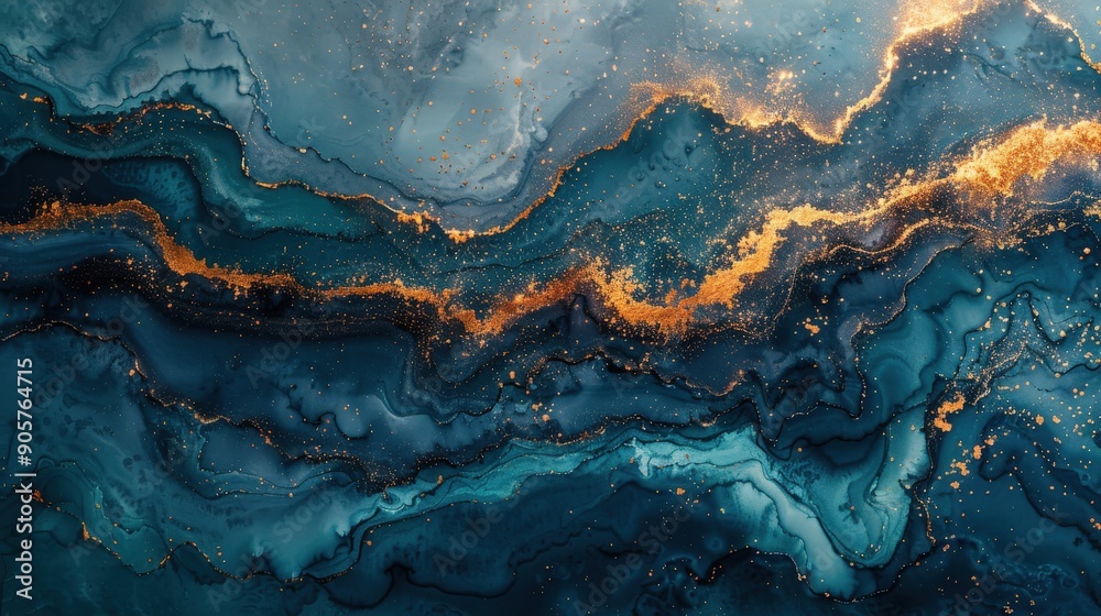 Fototapeta premium A luxurious abstract blue marble texture featuring gold watercolor effects, with gray, white, and dark green shades merging into a fluid ink gradient, ideal for sophisticated and modern design