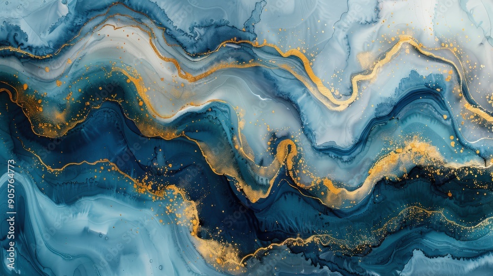 An elegant background with a blue marble design and gold watercolor accents, incorporating gray, white, and dark green tones into a seamless fluid gradient, creating a high-end artistic effect An elegant background with a blue marble design and gold watercolor accents, incorporating gray, white, and dark green tones into a seamless fluid gradient, creating a high-end artistic effect