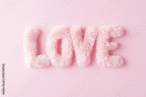 Pink inscription "Love" made of soft fluffy plush on pink background. Valentine's Day. 