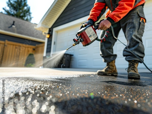 A person using a sprayer to apply sealant on a driveway, showcasing home maintenance and outdoor improvement skills. photo