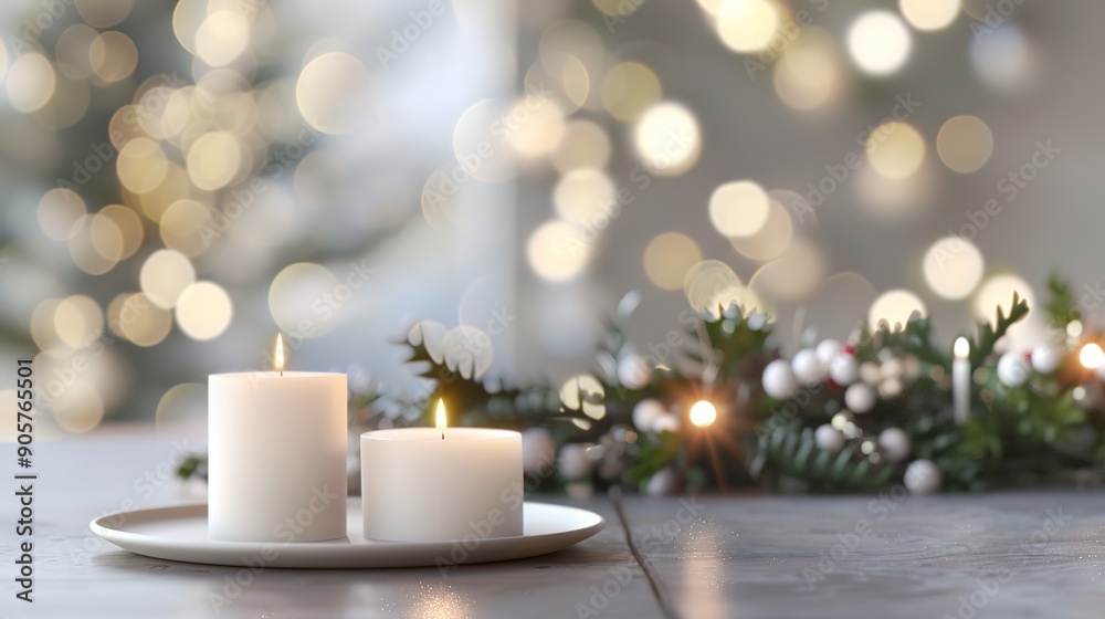 Festive Elegance: Christmas Table Setting with Candles and Garlands on 3D Illustration Background Festive Elegance: Christmas Table Setting with Candles and Garlands on 3D Illustration Background