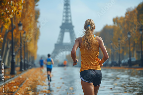 Fototapeta Naklejka Na Ścianę i Meble -  Female athlete running marathon in Paris with Eiffel Tower background