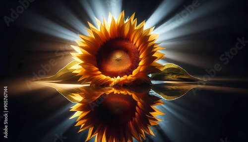 sunflower in a glass vase, A close up of a sunflower on a spot light whit reflexion background,isolated,  image created with Generative A.I.