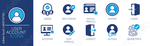 User account icon collection. Users, add friend, social profile, avatar, login, related. Vector collection of solid icons.