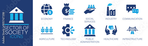 Sector of society icon collection. Economy, finance, social services, industry, communication, related. Vector collection of solid icons.