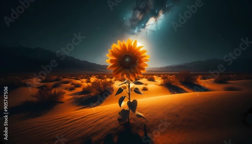 A close up of a sunflower on a nite desert background, image created with Generative A.I. photo