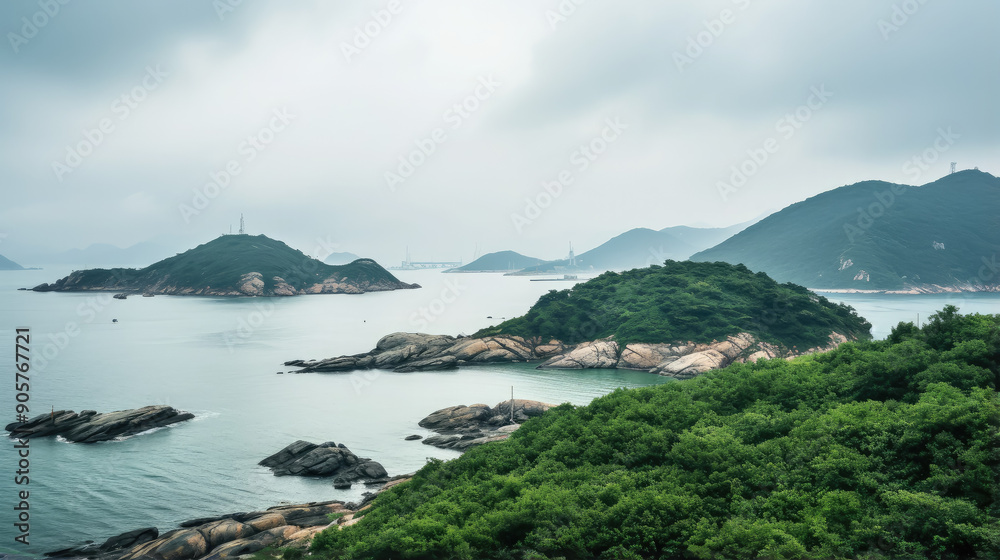 view of the sea bay from the rocky shore, island, Hong Kong, nature, landscape, pine trees, mountains, cloudy weather, sky, China, ocean view of the sea bay from the rocky shore, island, Hong Kong, nature, landscape, pine trees, mountains, cloudy weather, sky, China, ocean