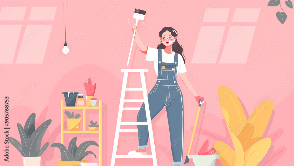 Woman Painting Interior Wall at Home 3D Illustration Woman Painting Interior Wall at Home 3D Illustration