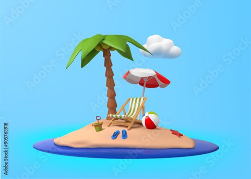 3d Vector Beach Chair, Red Umbrella, palm, flip flop ,starfish and Ball, Summer holiday, Time to travel concept. Eps 10 Vector.