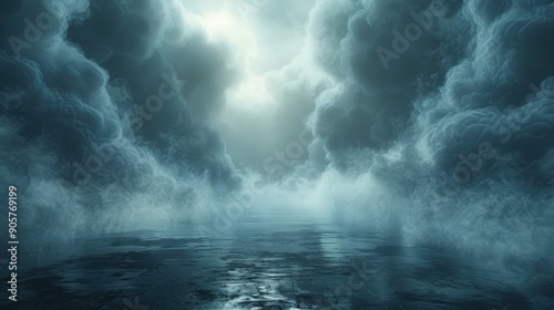 An eerie and atmospheric background with a black floor covered in thick fog and swirling smoke, ideal for horror-themed designs. Includes steam and mist effects for a chilling overlay