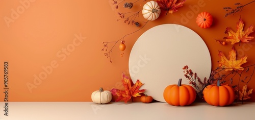 Autumn Decorative Arrangement With Pumpkins and Leaves on a Rustic Background