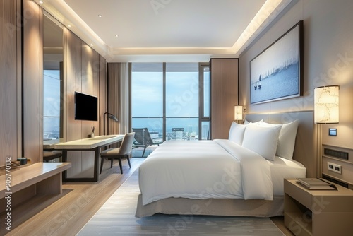 A luxurious hotel room with a large bed and flat screen TV