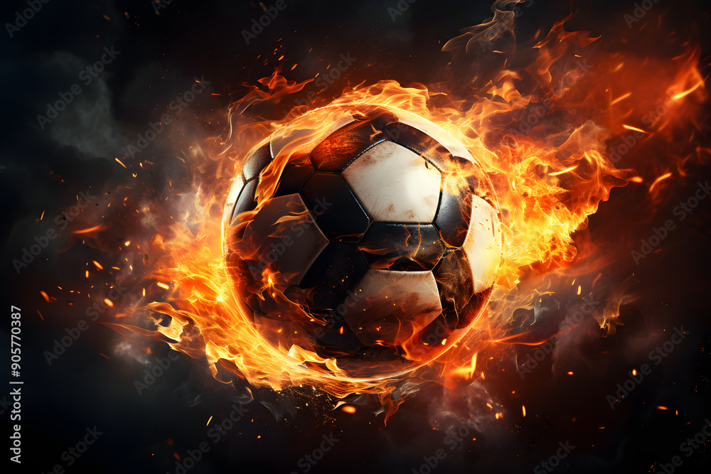Naklejka premium Burning soccer ball flying into the goal surrounded