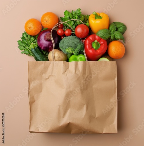 Fresh Produce Bag Filled With Colorful Vegetables And Fruits On A Neutral Bac...