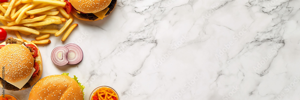 Junk food border on white marble surface Junk food border on white marble surface