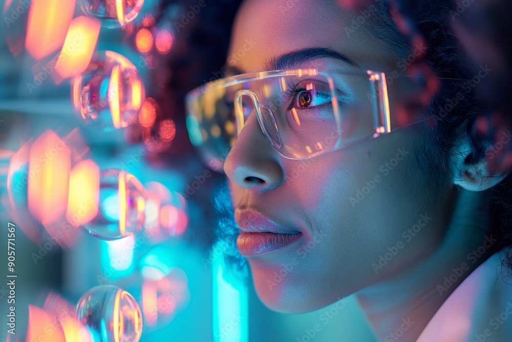A young female scientist in glasses gazes thoughtfully at colorful laboratory equipment with a microcosm theme in pastel colors A young female scientist in glasses gazes thoughtfully at colorful laboratory equipment with a microcosm theme in pastel colors