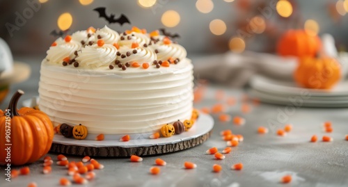 Halloween Themed Cake Decorated With Pumpkins and Ghosts on a Festive Table