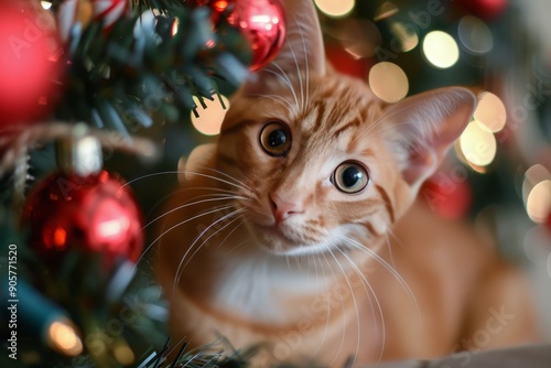 Curious Orange Cat Posing Near Christmas Tree With Colorful Ornaments