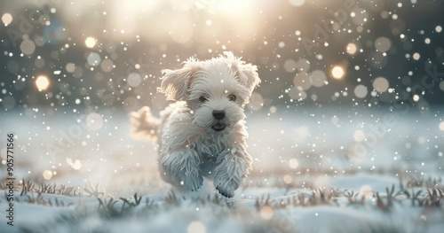 Playful Puppy Running Through Snow at Sunset