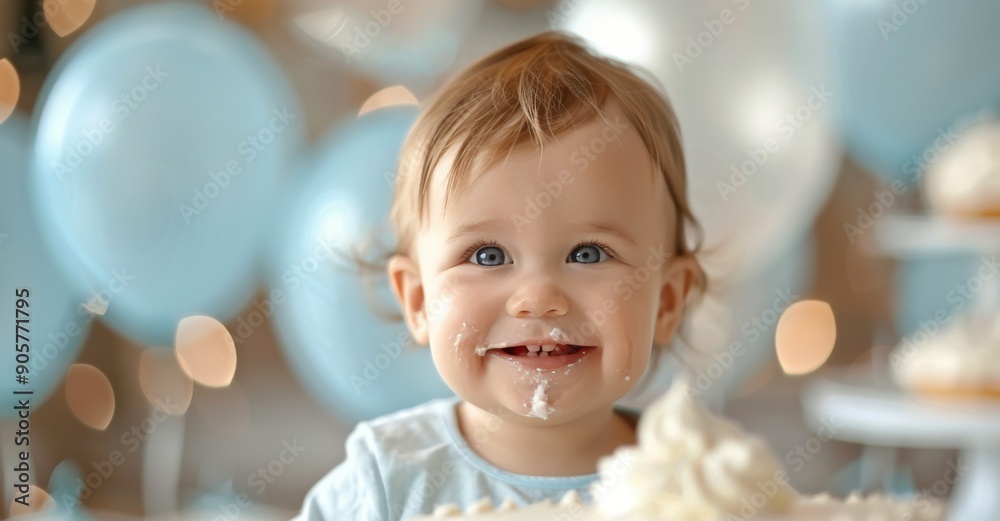 Fototapeta premium Delighted Baby Enjoys Cake at Birthday Celebration With Blue Balloons