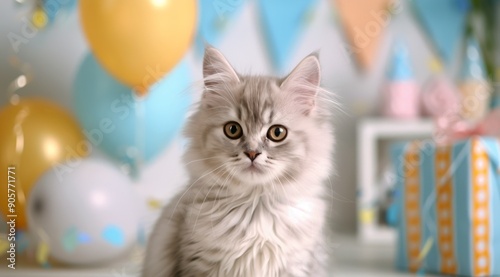 Fluffy Silver Kitten Surrounded by Balloons and Decorations at a Celebration