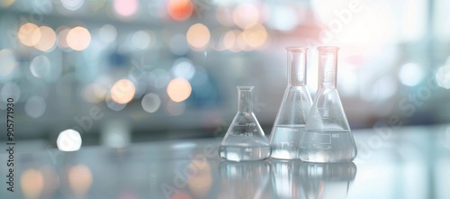 Glass Laboratory Flasks on White Surface With Soft Lighting in Modern Lab Env...