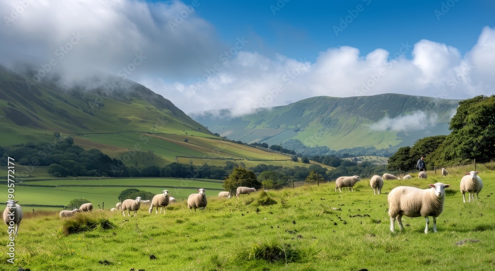 Sheep Grazing on Lush Green Hills in a Serene Rural Landscape Sheep Grazing on Lush Green Hills in a Serene Rural Landscape