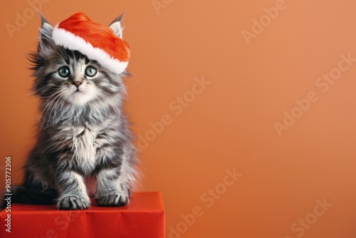 Adorable Kitten Wearing Santa Hat Sitting on Red Gift Box