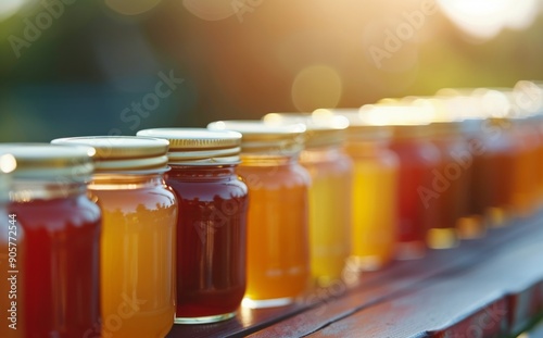 Colorful Jars of Homemade Preserves Displayed at a Sunset Market
