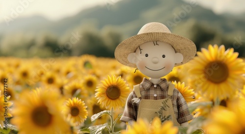 Scarecrow Among Sunflowers on a Sunny Day in Rural Landscape