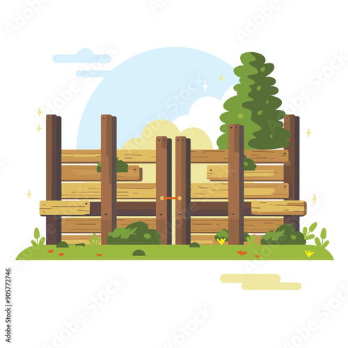 Wooden fence showing wear rustic charm. Various planks posts small plants greenery around structure. Bright day, clear sky, few clouds, lush surroundings
