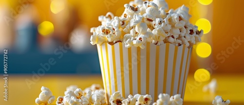 Freshly Popped Popcorn in Red Striped Container on White Surface With Soft Bo...