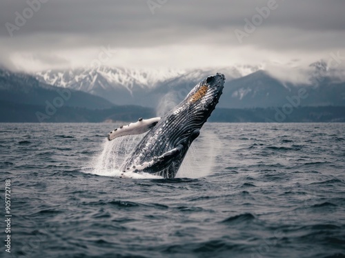 Humpback Whale Breaching in Alaskan Waters Under Cloudy Skies