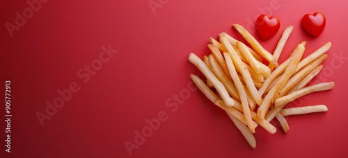 Golden French Fries Forming Heart Shape on Red Background