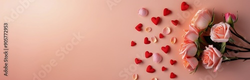 Delicate Pink Roses Surrounded by Petals on a Soft Pink Background