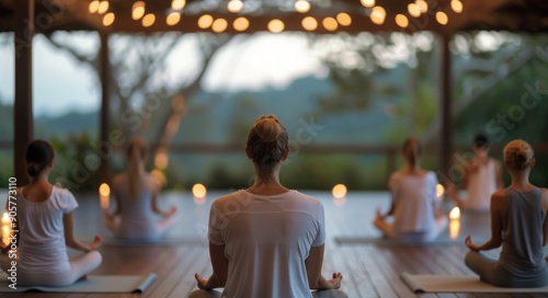 Evening Yoga Session in Tranquil Outdoor Space With Soft Lantern Lighting