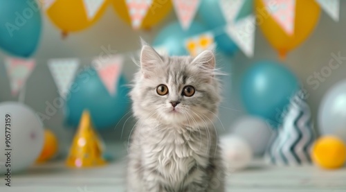 Fluffy Silver Kitten Surrounded by Balloons and Decorations at a Celebration
