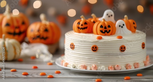 Halloween Themed Cake Decorated With Pumpkins and Ghosts on a Festive Table