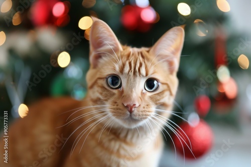 Curious Orange Cat Posing Near Christmas Tree With Colorful Ornaments