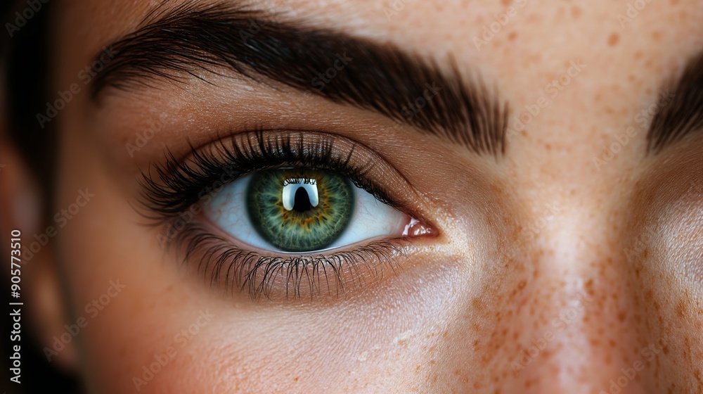 Obraz premium Close-up of a woman's eye showcasing vibrant green iris, long eyelashes, and natural skin texture with freckles